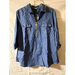 Anne‎ Klein Chambray Denim Quarter Zip Tunic Shirt Women's XL Roll Tab Sleeves